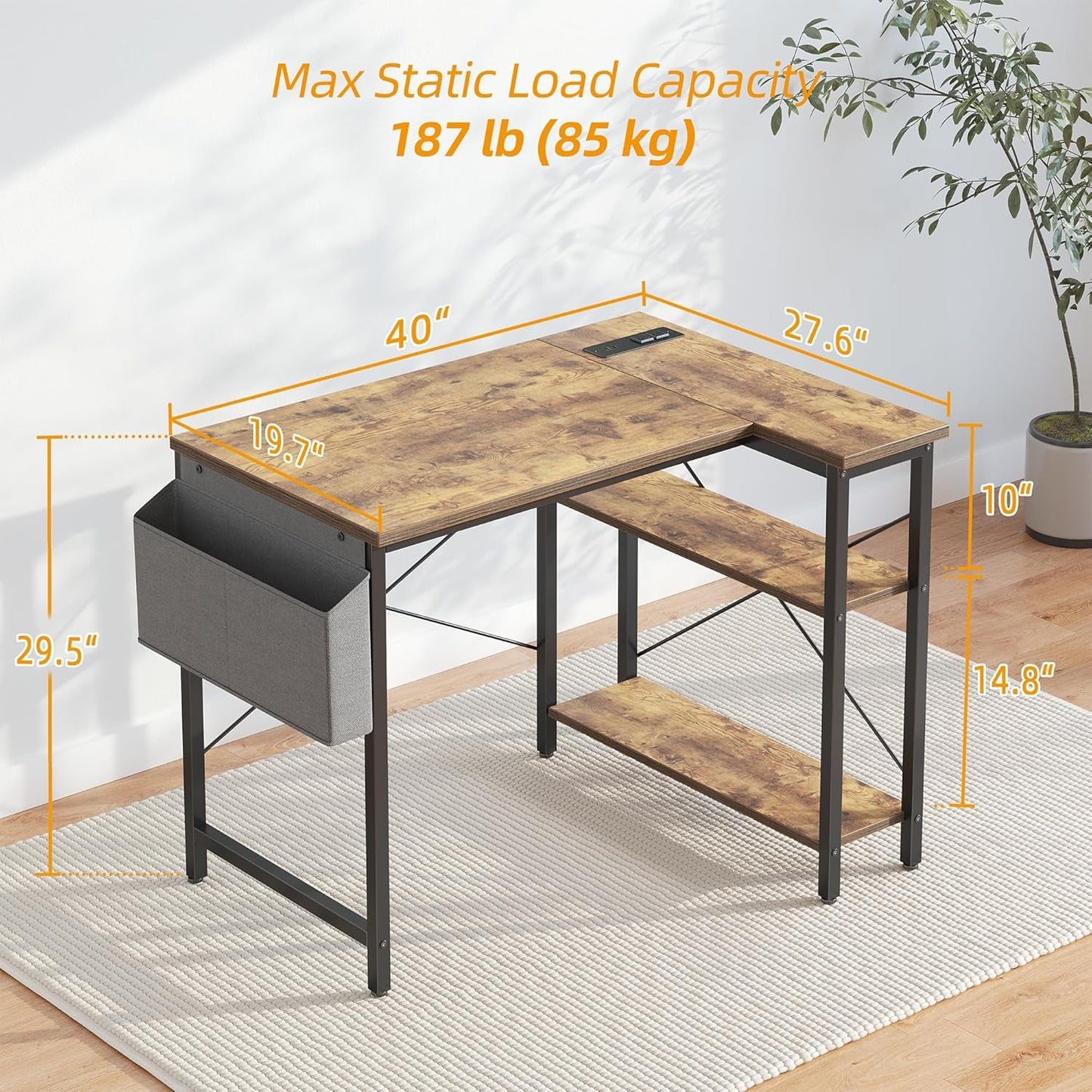Small Computer Desk with Power Outlets, 40 Inch L Shaped Desk with Reversible Shelves, Gaming Desk Corner Desk Study Writing Desk for Home Office Bedroom Small Space, Rustic Brown-2