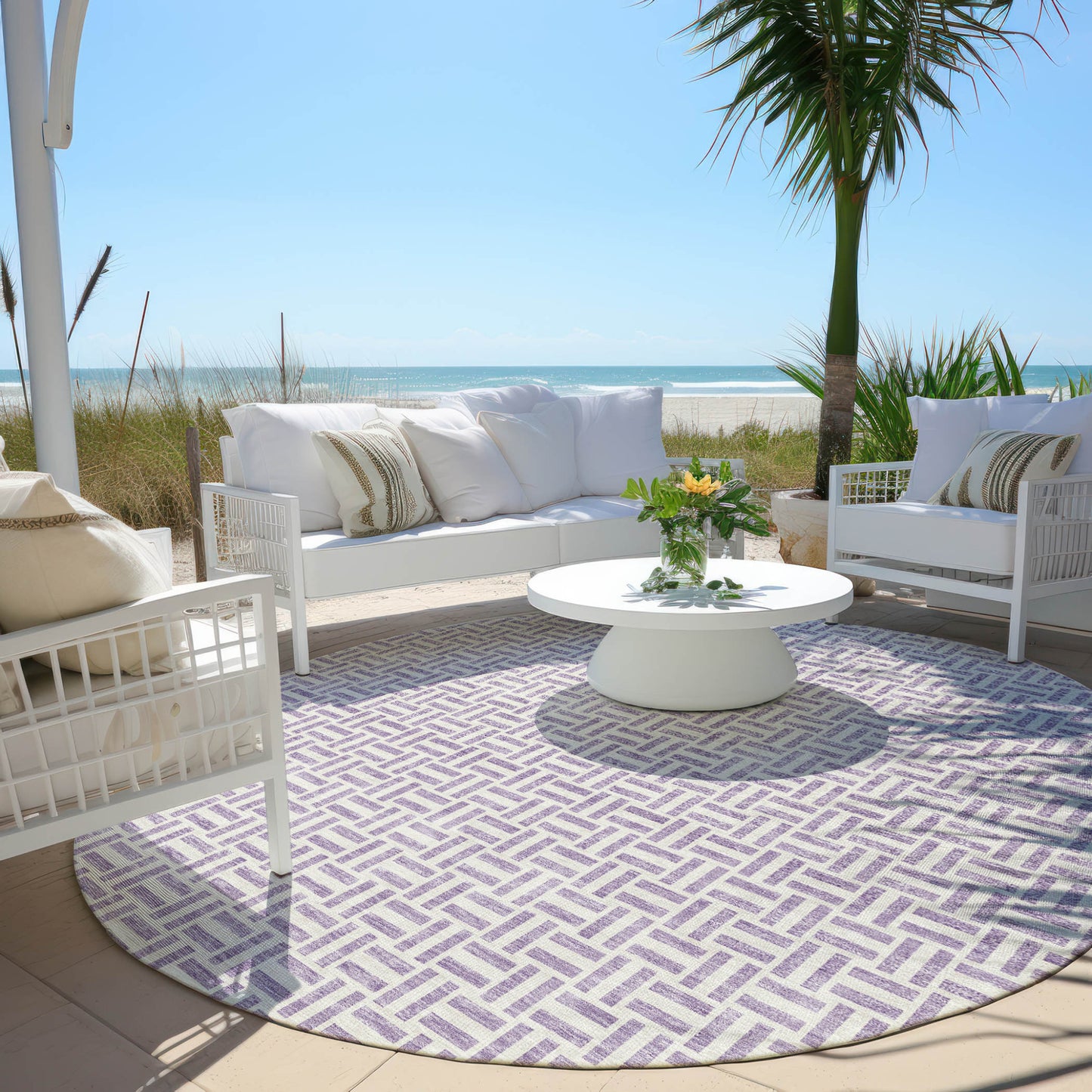 8' Lavender And Silver Round Geometric Washable Indoor Outdoor Area Rug-5