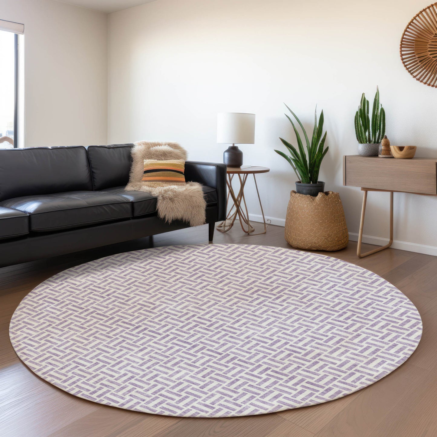 8' Lavender And Silver Round Geometric Washable Indoor Outdoor Area Rug-6