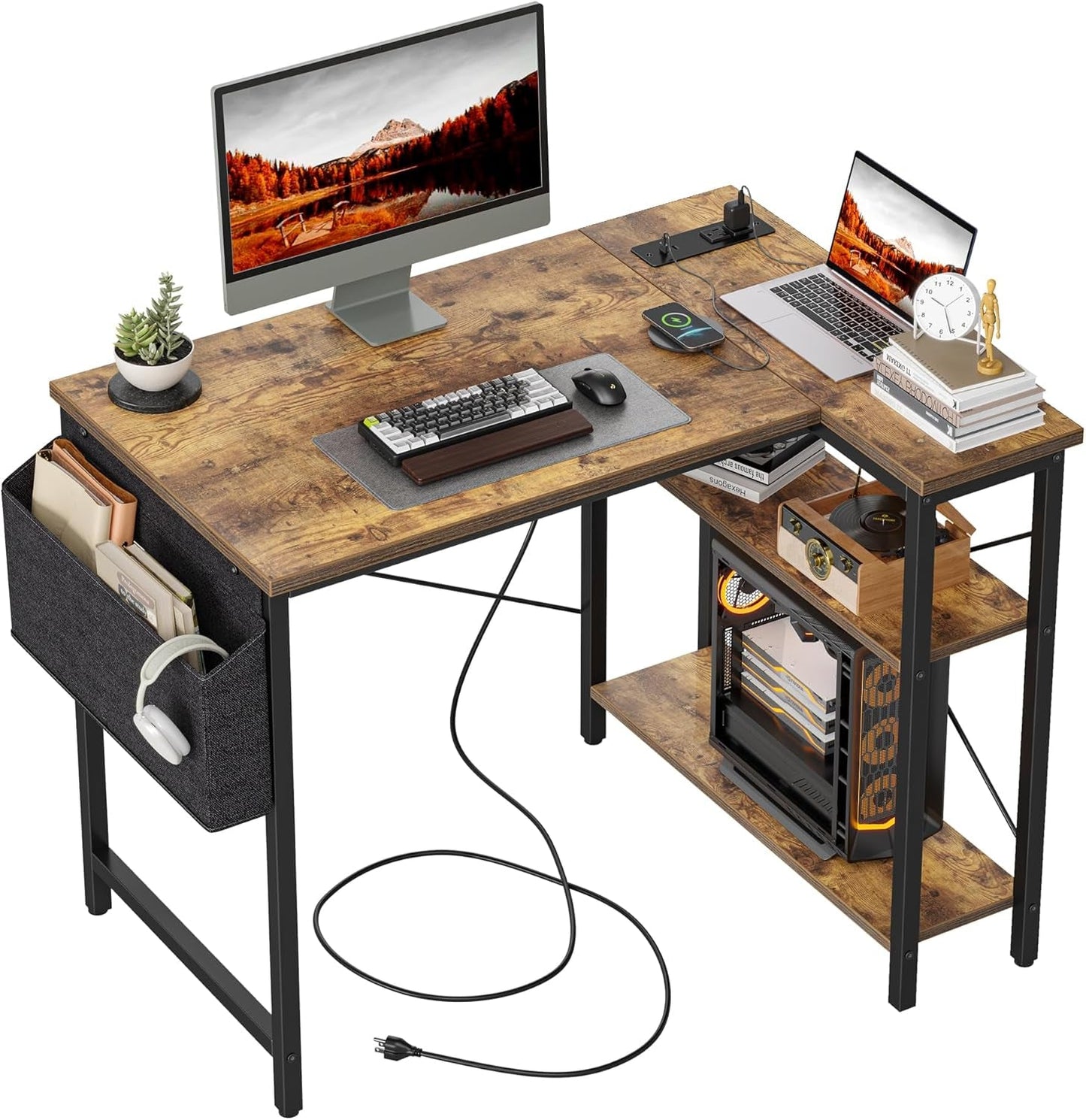 Small Computer Desk with Power Outlets, 40 Inch L Shaped Desk with Reversible Shelves, Gaming Desk Corner Desk Study Writing Desk for Home Office Bedroom Small Space, Rustic Brown-0
