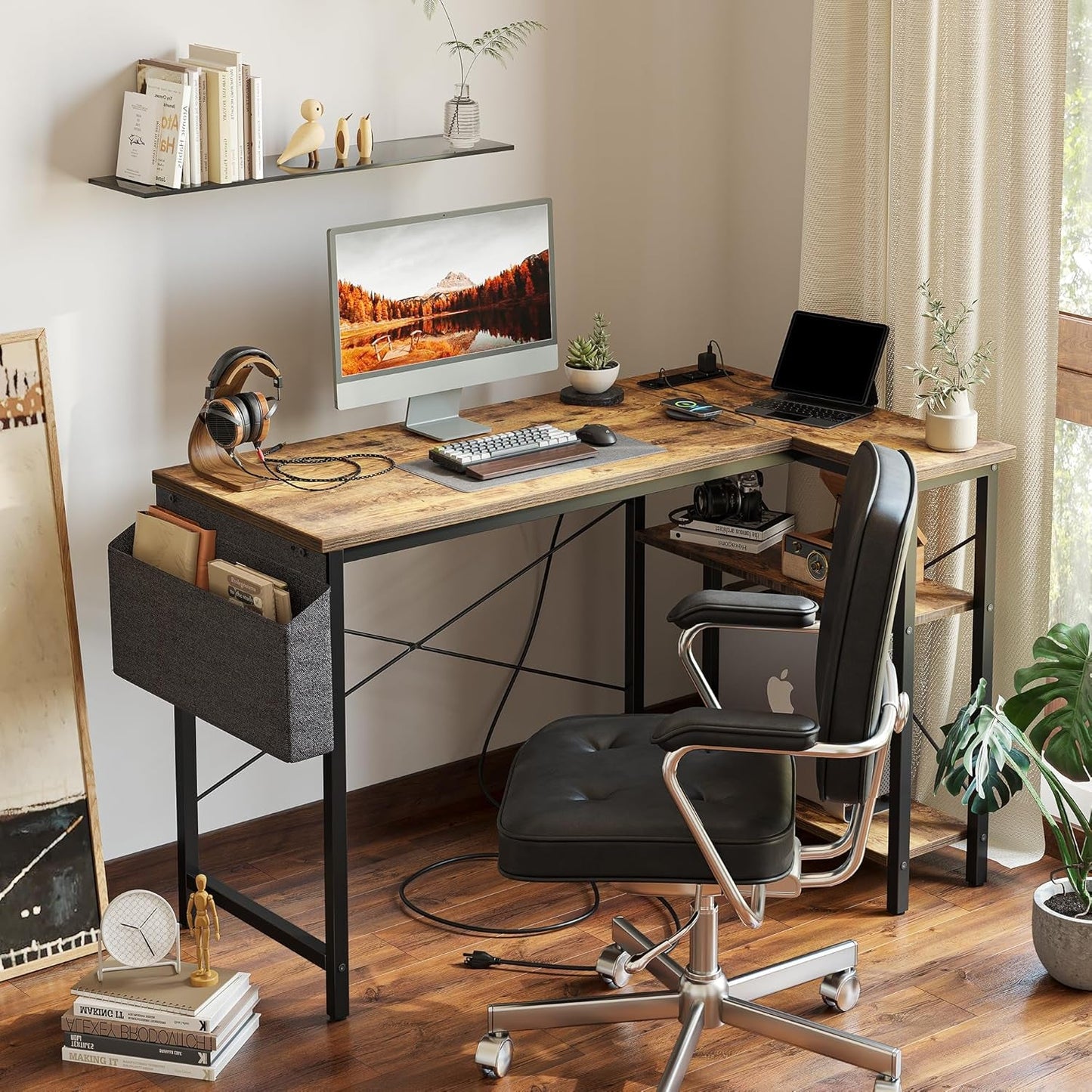 Small Computer Desk with Power Outlets, 40 Inch L Shaped Desk with Reversible Shelves, Gaming Desk Corner Desk Study Writing Desk for Home Office Bedroom Small Space, Rustic Brown-1