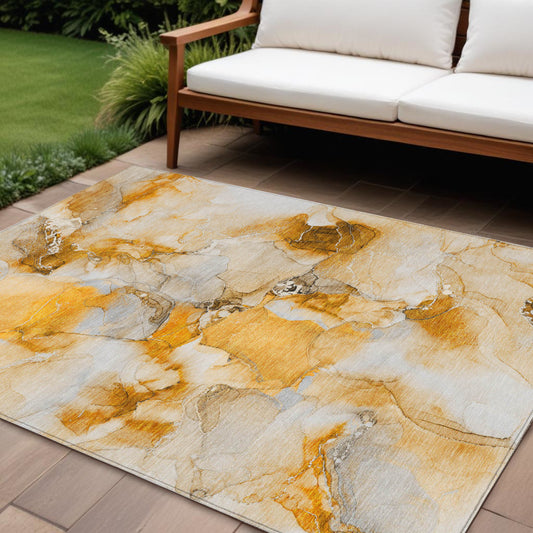 10' X 14' Orange and Ivory Abstract Washable Indoor Outdoor Area Rug-0